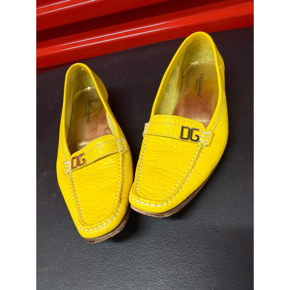 Dolce & Gabbana Womens Yellow Leather DG Logo Square Toe Loafers Flats Size 37 - Picture 5 of 14